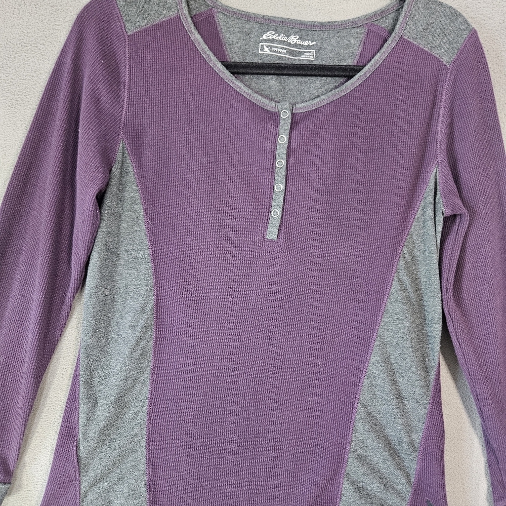 Eddie Bauer Womens L Henley Thermal Waffle Knit Purple Gray Long Sleeve Outdoor - Picture 2 of 9